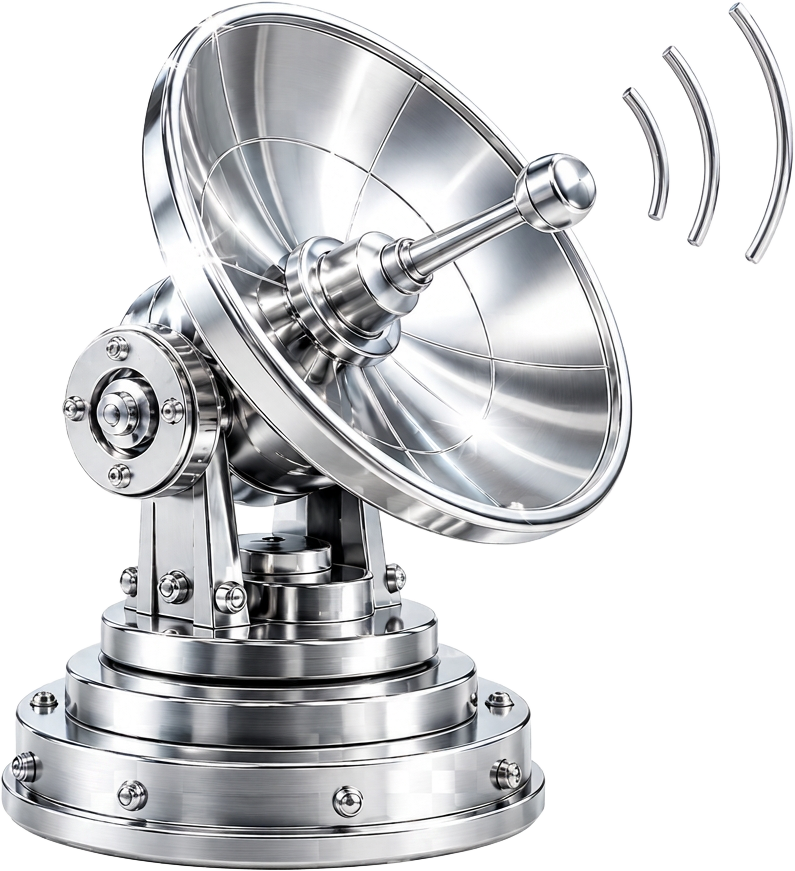 Opportunity detection engine — a chrome satellite dish scanning for hidden business leverage